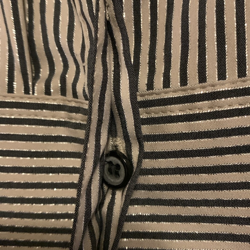 LAFAYETTE 148 NY Stripe Shimmer Button Down Long Sleeve Blouse Black Beige SZ 10 - Picture 4 of 16